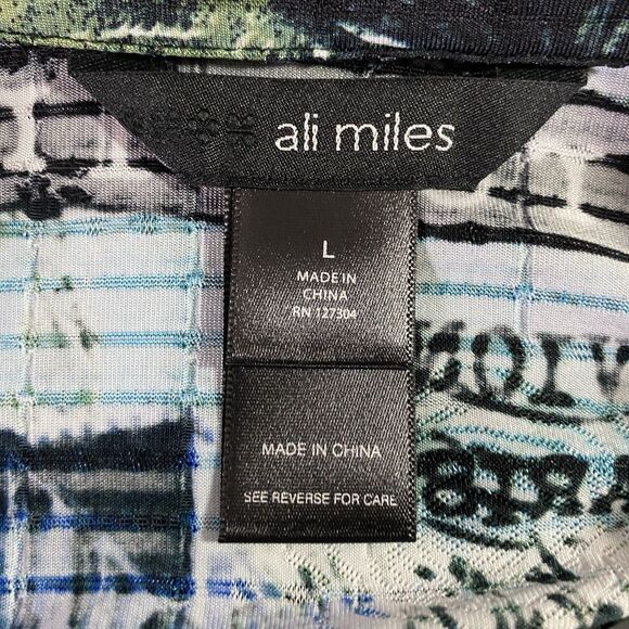 NWT ALI MILES Tunic Blouse Button Paris Roll Tab Long Sleeve Womens L Green Blue - Picture 10 of 13